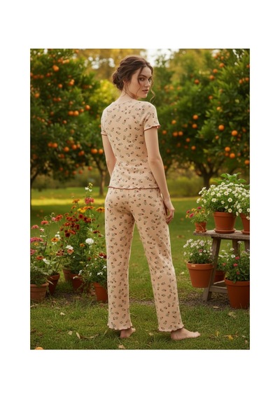 Siyah İnci Dantelli Fitilli Kaşkorse Örme Pijama Takım 26120552 Ten Rengi