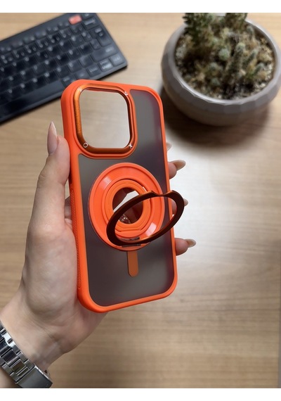 Apple Uyumlu iPhone 14 Pro Standlı Ve Yüzüklü Magsafe Kılıf Soocase721 Turuncu