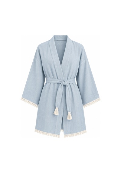Kimono Müslin 2 Katlı Peştemal Bornoz Beden L-xl - Mavi Açık