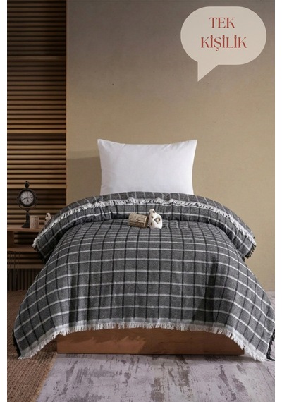 Miracolo Home Siyah Müslin 4 Katlı Yatak Örtüsü Pike Tek Kişilik Pamuklu Pike 170x203