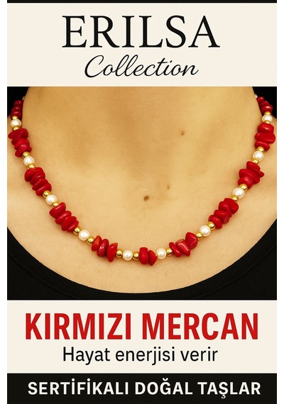 Sertifikalı Kırık Taşlı Model Kırmızı Mercan Taşı Kolye Koruyuc Çok Renkli