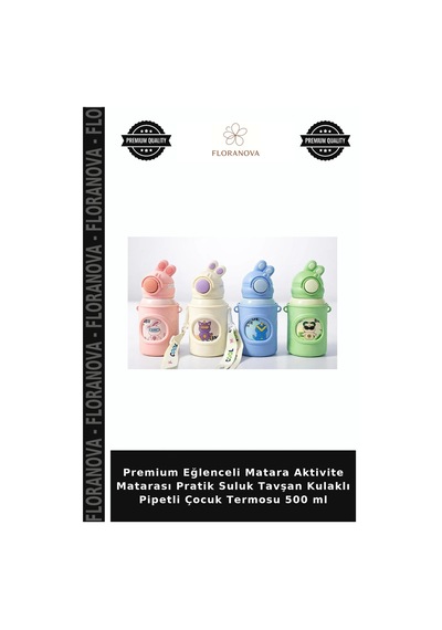 Premium Eğlenceli Matara Aktivite Matarası Pratik Suluk Tavşan Kulaklı Pipetli Çocuk Termosu 500 Ml Çok Renkli