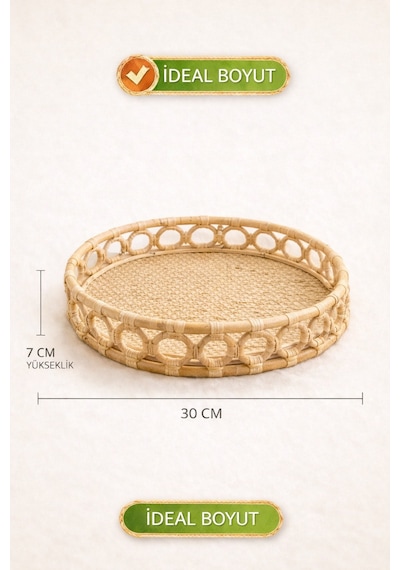 El Yapımı Doğal Rattan Tepsi Yuvarlak Sunum Kahve Servis Dekoratif Tepsi 30x7 Cm