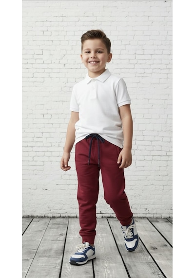 Black Steel İki İplik Çocuk Boy Düz Eşofman Altı Bordo