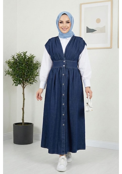 Hb Harma Time Butik Kadın V Yaka Düğmeli Koyu Kot Mavi Jile Koyu Mavi Koyu Mavi