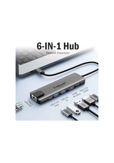 Lemorele Tc44 6 İn 1 Usb Type-c Hub Çoklayıcı, 4k 60hz Hdmı, Gigabit Ethernet, 100w Pd Şarj 2x Usb Çoğaltıcı