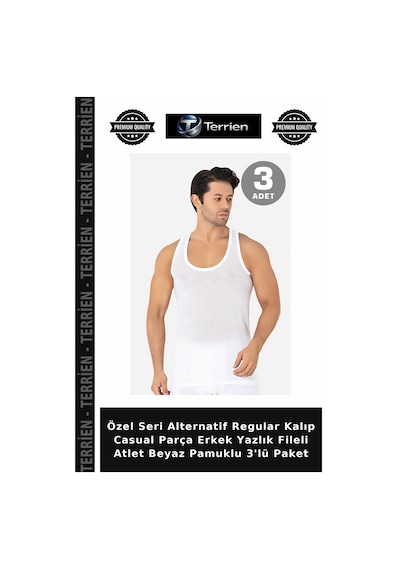 Terrien Özel Seri Alternatif Regular Kalıp Casual Parça Erkek Yazlık Fileli Atlet Beyaz Pamuklu 3'lü Paket