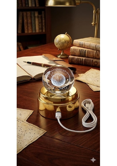Mobgift 360 Derece Dönen Sarı Led Işıklı Gold Standlı Usb'li Kristal Satürn Cam Küre Çok Renkli