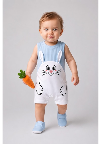 Babyden's Erkek Bebek Tavşan Desenli Yazlık Tulum Fitilli Pamuklu Kolsuz Bebek Tulumu Çıtçıtlı Romper 0-9 Ay Mavi
