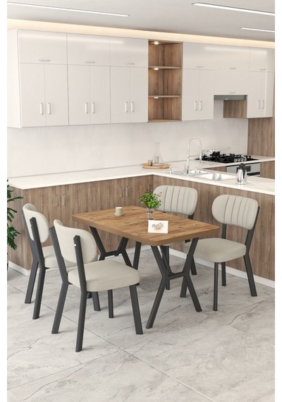 Gnr 70x110cm Sabit Atlantik Mutfak Masası Takımı, Yemek Masası, 4 Modern Krem Sandalye Gri