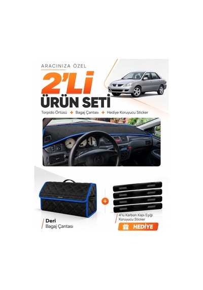 Mıtsubıshı Lancer 2003-2006 Uyumlu Torpido Örtüsü + Deri Bagaj Çantası + Sticker Seti - Siyah Mavi