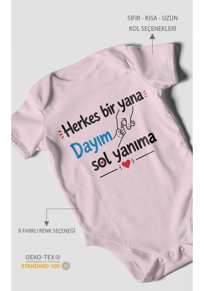 Morivokids Herkes Bir Yana, Dayım Sol Yanıma Kısa Kollu Bebek Body %100 Pamuk Bebe Pembe
