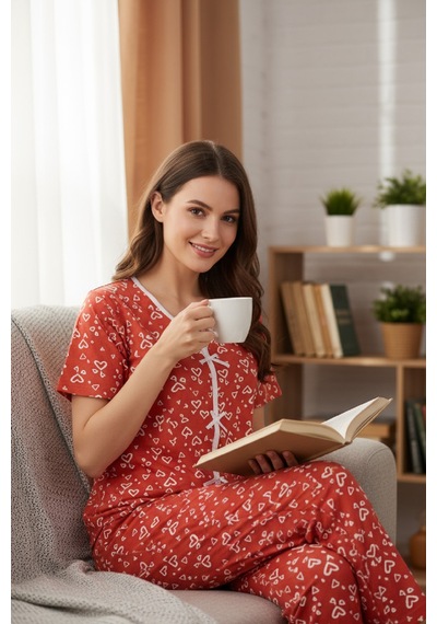 Angbutik Kadın Turuncu Desenli Fiyonklu Kısa Kollu Uzun Pijama Takımı
