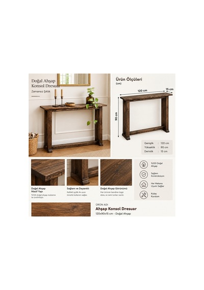 Ahşap Konsol Sehpa 120x90x15 Cm - Antre Koridor Sahanlık Masası - Ceviz Renk Masif Ahşap Dekoratif Giriş Masası, Dresuar Koyu Ceviz