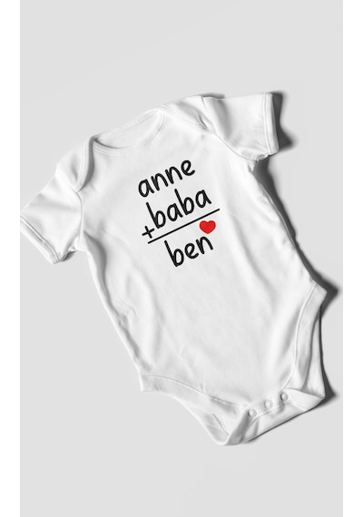 Anne Baba Ve Ben Baskılı Bebek Zıbını Çıtçıtlı Body %100 Pamuk Kısa Kol Beyaz