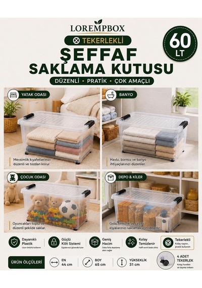 Lorempbox 60 Lt Tekerlekli Şeffaf Saklama Kutusu 2'li Set Diğer