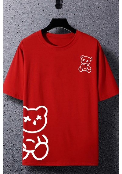 Unisex Draw Bear Baskılı Tasarım Tshirt Kırmızı