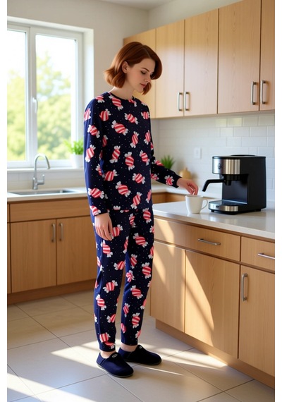 Ersefa Kiz Cocuk Seker Desenli %100 Pamuklu Pijama Takımı Fonksiyonel Da lacivert
