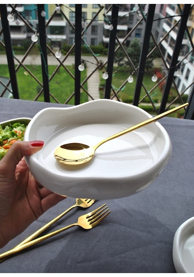 1 Adet Porselen Kıvrımlı Fırın Kabı Sunum Tabak Meze Salata Tabağı 19 Cm Asimetrik Beyaz