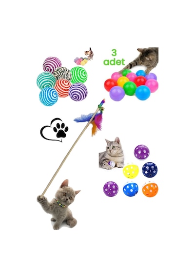 6'lı Kedi Oyun Seti : Kedi Oyun Oltası 50 Cm , 3'lü Oyun Topu , Kedi Sarma Top , Çıngıraklı Top