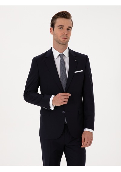 Cacharel Lacivert Slim Fit %100 Yün Mono Yaka Basic Takım Elbise