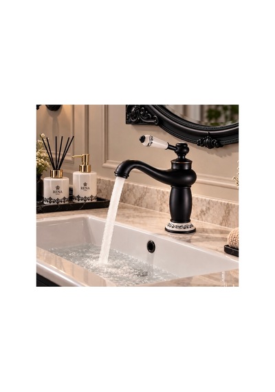 Rena Design Rustik Siyah Lavabo Bataryası Banyo Musluğu Eskitme Porselen Işleme Armatür Otantik Retro