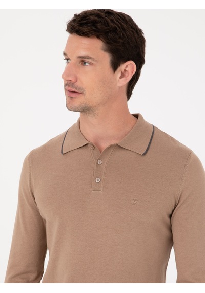 Cacharel Camel Slim Fit Pamuk Karışımlı Polo Yaka Triko Kazak Kahverengi