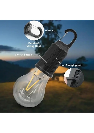 Şarjlı Taşınabilir Led Ampul Lamba Usb İle Şarj Edilebilir, 3 Kademeli Işık, Asma Kancalı &am
