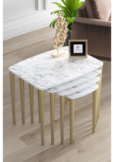 Canisa Concept Telwe Serisi Üst Kalite Mdf 4lü Zigon Sehpa Takımı Beyaz Mermer Desenli / Gold Tablalar Beyaz Mermer / Ayaklar Gold