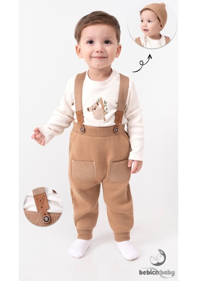 Bebicix Triko Askılı Koala Temalı Kaşkorse Esnek Badili Bereli Unisex Bebek Takım Sütlü Kahve