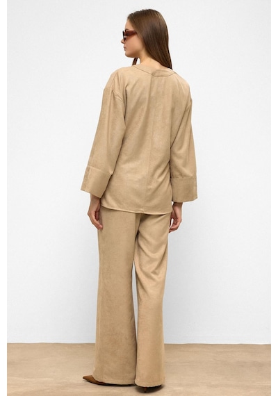 Olcay Önü Bağlamalı Süet Görünümlü Kimono İkili Takım Taş 9366-tk