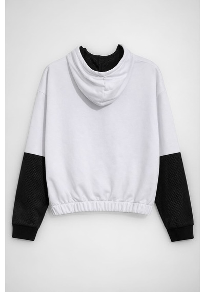 Kadın Kapüşonlu Cepli Siyah-beyaz Crop Sweatshirt Beyaz