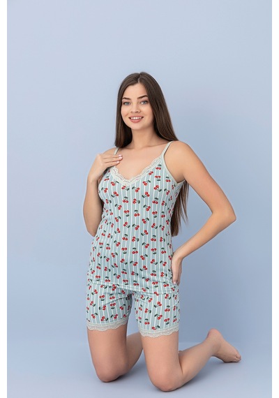 Pıove Kadın Kiraz Desenli Askılı Şortlu Pijama Takımı Dantel Detaylı Mint Yeşili Rahat Ev Giyim Seti Mavi Pıove Kadın Kiraz Desenli Askılı Şortlu Pijama Takımı Dantel Detaylı Mint Yeşili Rahat Ev Giyim Seti Mavi