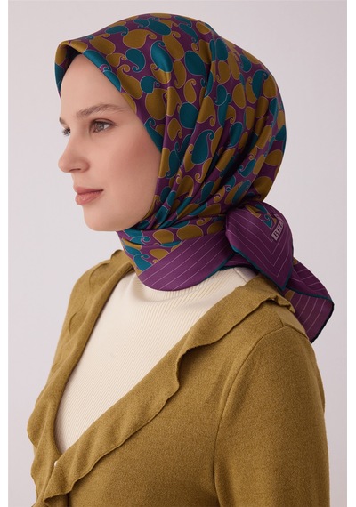 Belli Etnik Desen %100 Twill İpek Eşarp Be22 Mor-petrol