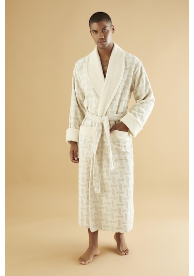 Jakarlı Organik %100 Cotton Erkek Bornozu Krem