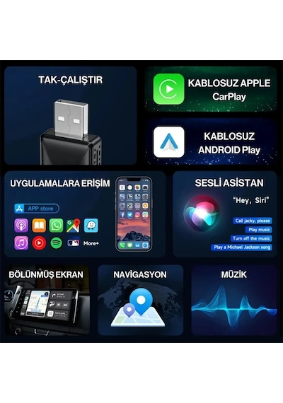 Ally Kablosuz Car Play Adaptörü Apple, Uyumlu Ve Android Cihazlar Için Wireless Carplay Çevirici- 5775