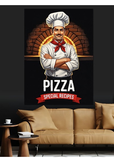 Ahşap Tablo Fırın Önünde Pizza Ustası Şef Aşçı " Özel Pizza Tarifleri" Sloganlı Afiş