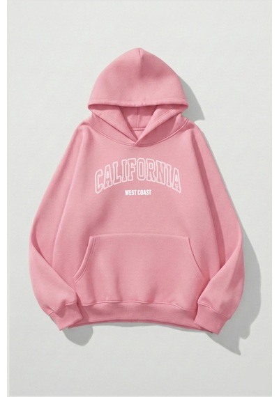 Uyguntarz Unisex Yumuşak Dokulu Caliwest Baskılı Tasarım Oversize 3 İplik Hoodie Sweatshirt Pembe