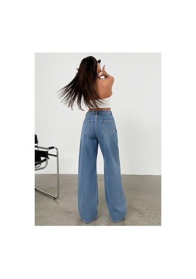 Bluemarlin Tam Kalıp Yüksek Bel Ön Arka Pensli Bol Paça Baggy Jeans Mavi