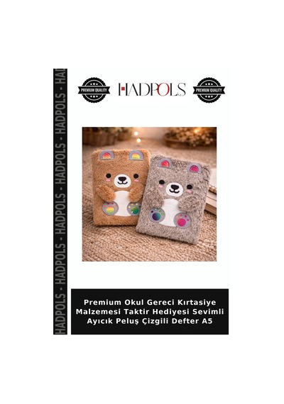 Premium Okul Gereci Kırtasiye Malzemesi Taktir Hediyesi Sevimli Ayıcık Peluş Çizgili Defter A5 Çok Renkli