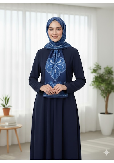 Premium Lux Original Etnik Desen Şal Vual İpek, 1. Sınıf, Hafif, Rahat, Şık, Tesettür Giyim Mavi - Lacivert