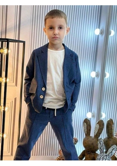 R.g Erkek Çocuk Keten Ceket T-shirt Pantolon 3lü Basic Takım Elbise-15870 Lacivert