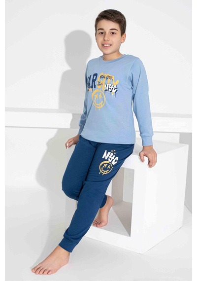 Tarık Erkek Çocuk Desenli Uzun Kollu Pijama Takımı-958 Mavi