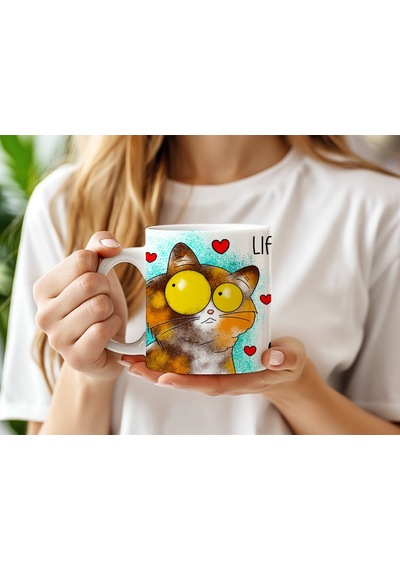 Komik Kedi Figürlü Kupa Bardak Eğlenceli Ve Sevimli Kedi Tasarım - Life Is Short Hug Your Meow Y Beyaz