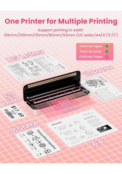 Itari M832 Taşınabilir Yazıcı, Kablosuz, 300 Dpı, Çeşitli Kağıt Boyutları Lazer Yazıcılar Pembe