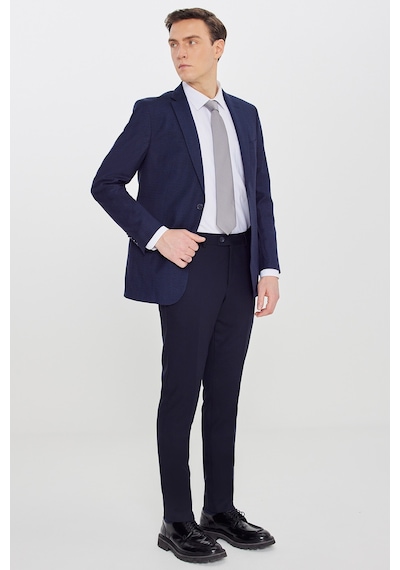 Ac&co Erkek Lacı Mavı Slim Fit Mono Yaka Desenli Çift Pantolonlu Takım Elbise