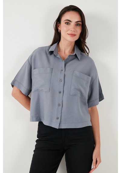 Lela Regular Fit Cep Detaylı Kısa Kollu Bayan Gömlek 6778568 Gri