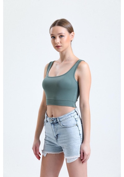 Thiff Gymwear Yeşil Fitilli Kare Yaka Esnek Örme Crop Büstiyer Atlet Haki