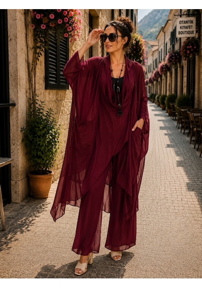 Bohem Stil Italyan Ipek Detaylı Oversize Kap Bluz- Wes Pantolon Takım Koyu Bordo