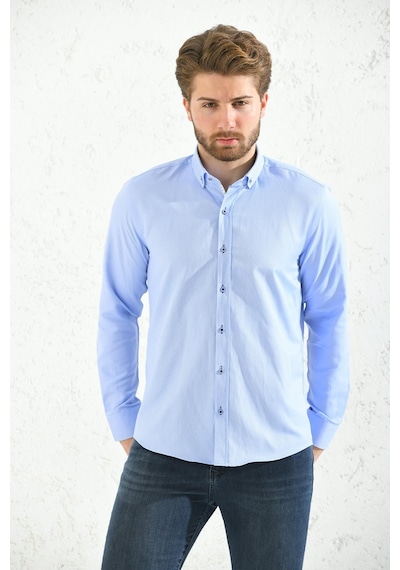 Slim Fit Uzun Kol Oxford Hediye Kutulu Kolay Ütülenebilir Erkek Gömlek - Mavi-1504 MAVİ